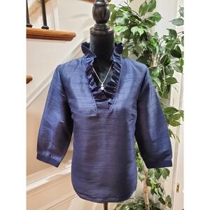 Crown & Ivy Womens Blue 100% Polyester Long Sleeve Ruffle Top Blouse Size Medium